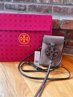 Tory Burch Classic Taupe Miller Suede Phone Crossbody Bag